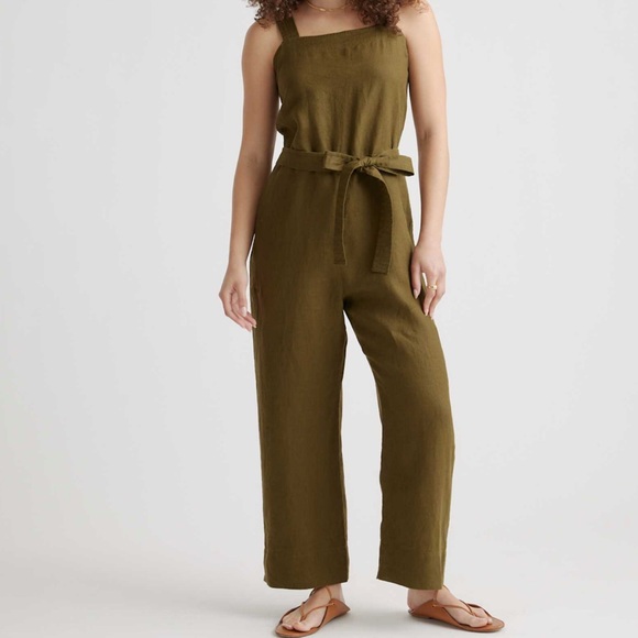 Quince 100% European Linen Square Neck Jumpsuit in Martini Olive - Picture 1 of 13